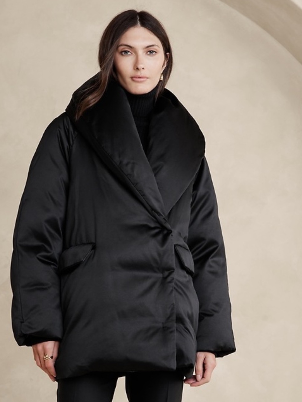 NWT Banana Republic Black Lucila Satin Puffer Oversized Coat Jacket M